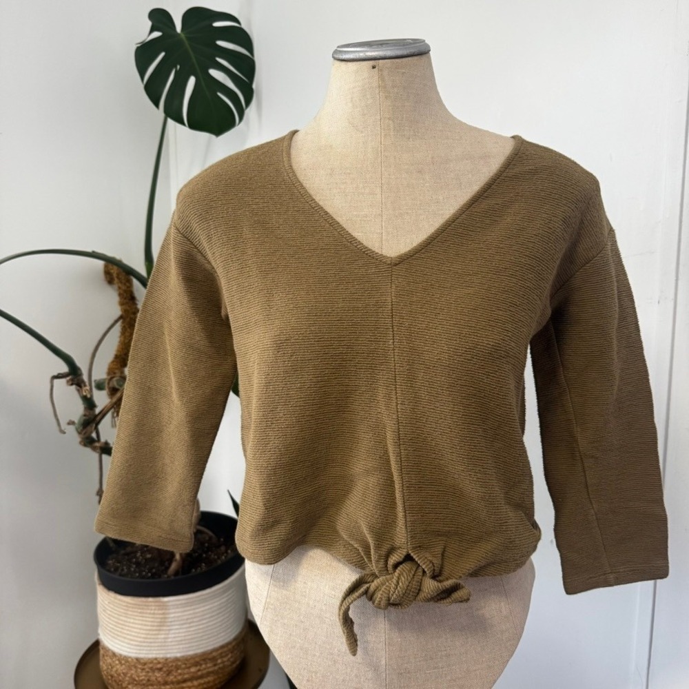 Madewell Texture & Thread Top Womens‎ S Brown Tie Front Cropped V-Neck Cotton